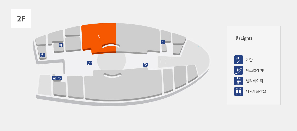 빛 (Light) 전시장 위치 및 계단, 에스컬레이터, 엘리베이터, 남·여 화장실 위치를 표시한 2층 상설전시관 안내도 입니다.